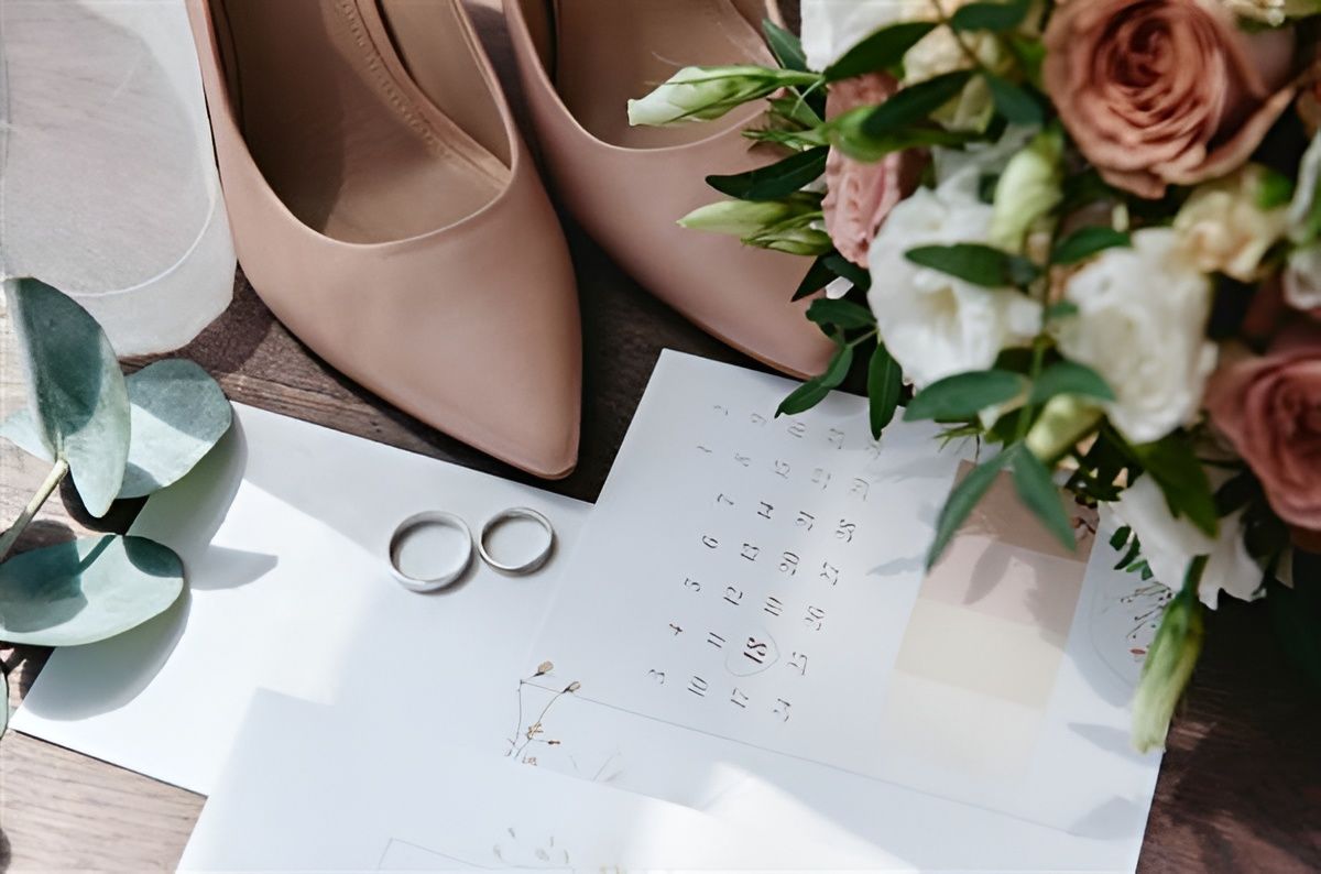 A wedding vibe: blush heels, rings, bouquet, and a calendar page like a planning scene, with greenery and soft light ending here.