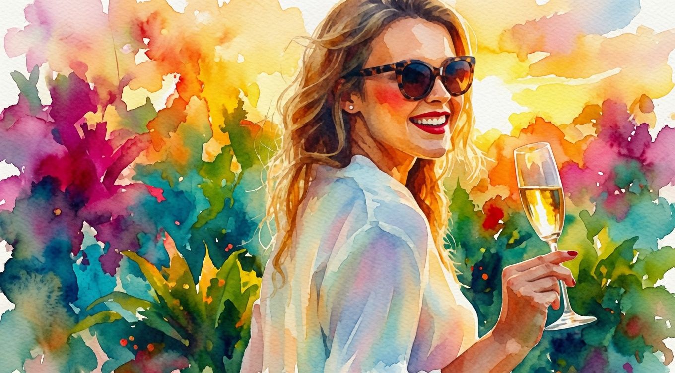 A smiling woman in sunglasses holds a champagne flute amid vibrant watercolor flowers, bursting with color and confetti-like splashes.