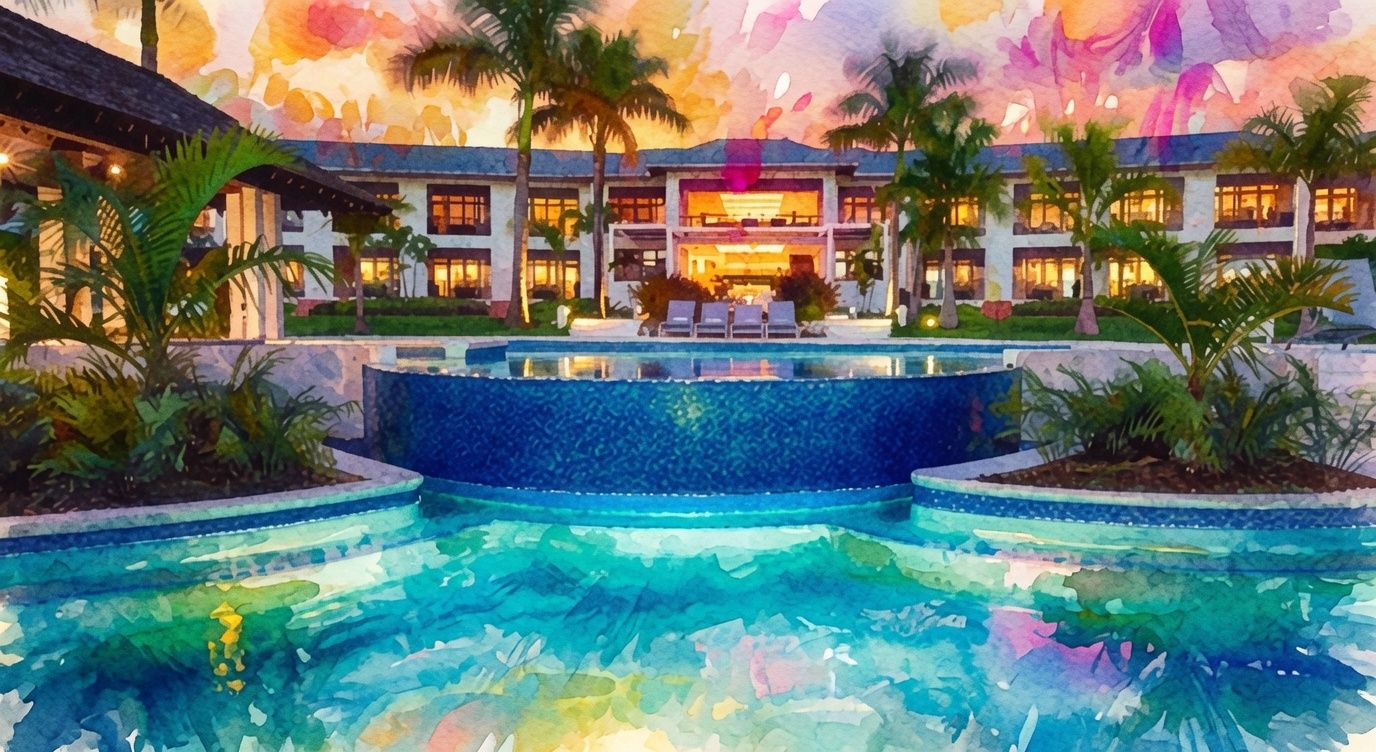 Watercolor scene of a luxury resort with a glowing blue swimming pool, palm trees, and warmly lit buildings under a colorful sky.