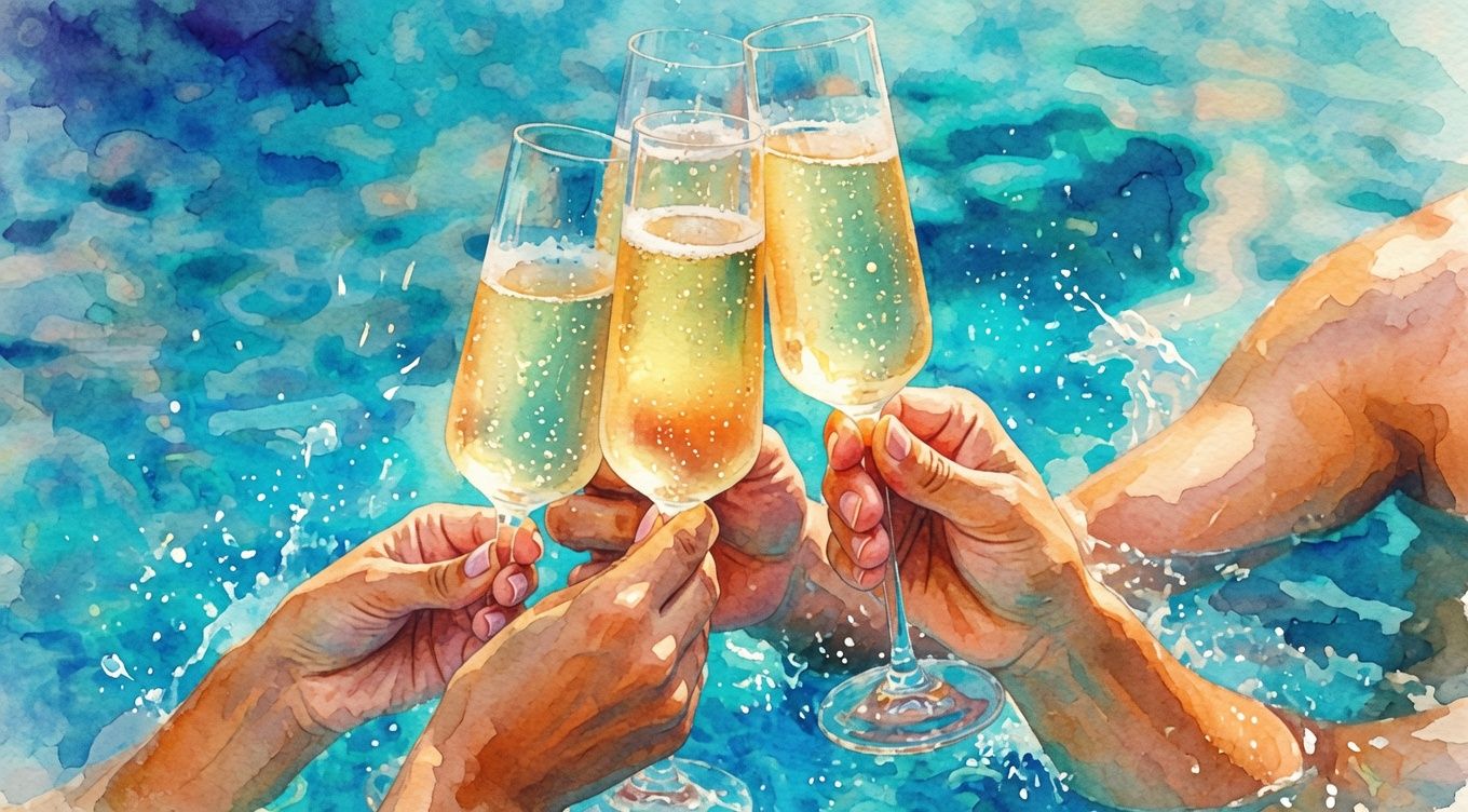 A watercolor scene of four hands clinking sparkling champagne flutes by a bright blue sea, with splashes and wet foam, like a toast.